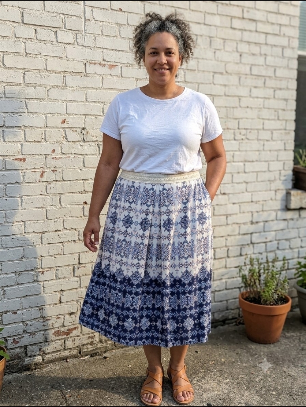 Vintage America Blues Women's Navy White Mosaic Patterned Maxi Skirt
